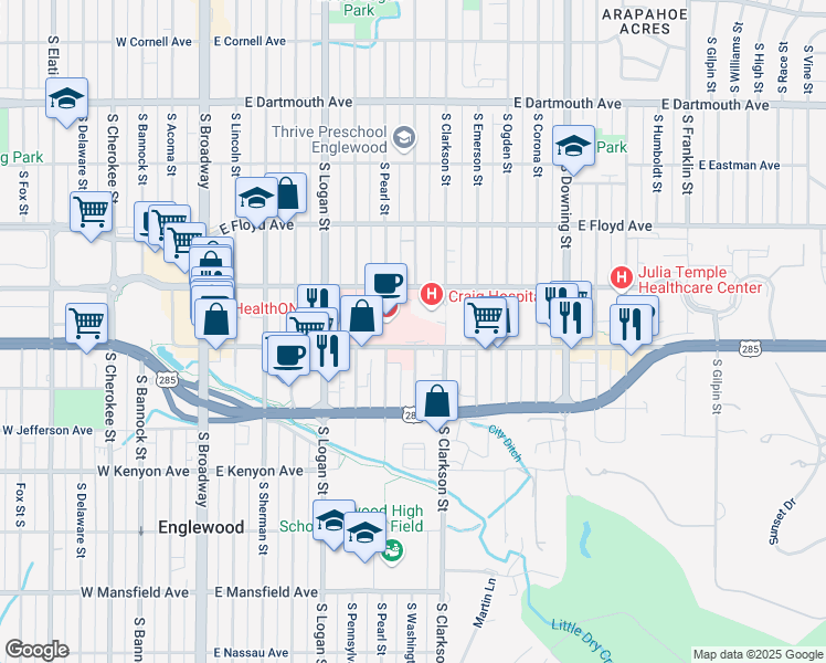 map of restaurants, bars, coffee shops, grocery stores, and more near 3425 South Clarkson Street in Englewood