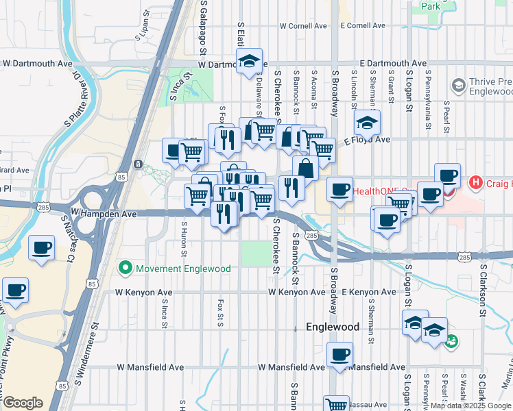 map of restaurants, bars, coffee shops, grocery stores, and more near 333 West Hampden Avenue in Englewood