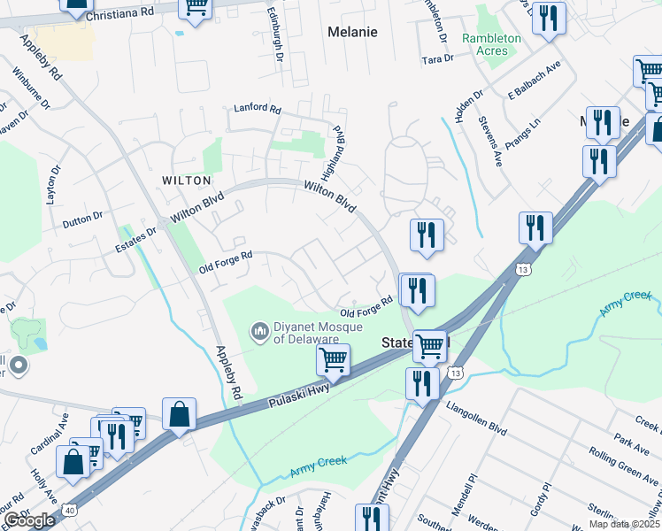 map of restaurants, bars, coffee shops, grocery stores, and more near 13 Revelle Street in New Castle