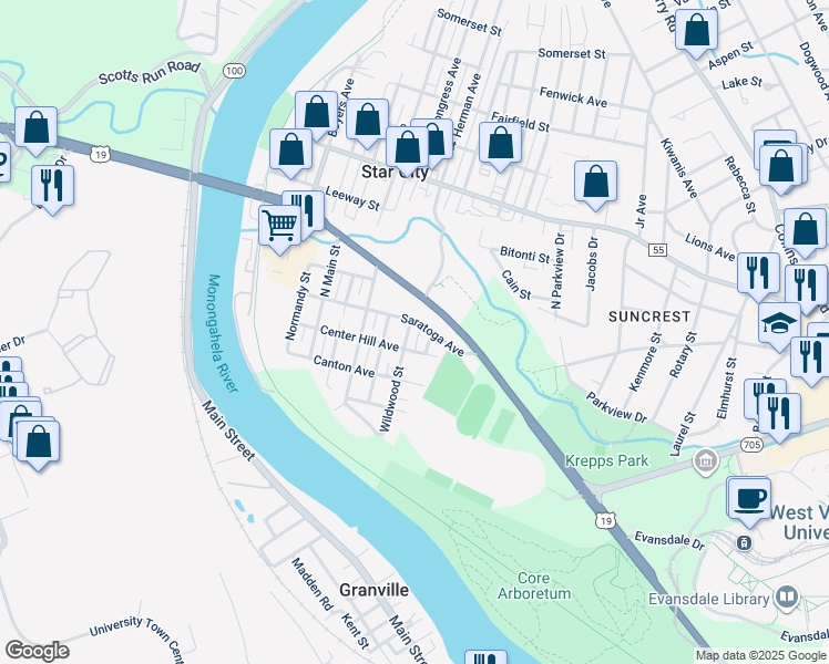 map of restaurants, bars, coffee shops, grocery stores, and more near 1401 Saratoga Avenue in Morgantown