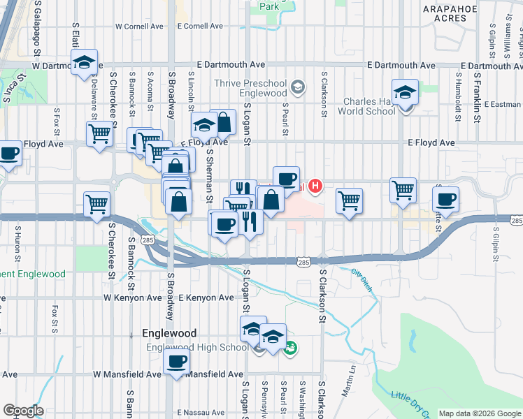 map of restaurants, bars, coffee shops, grocery stores, and more near 499 East Hampden Avenue in Englewood
