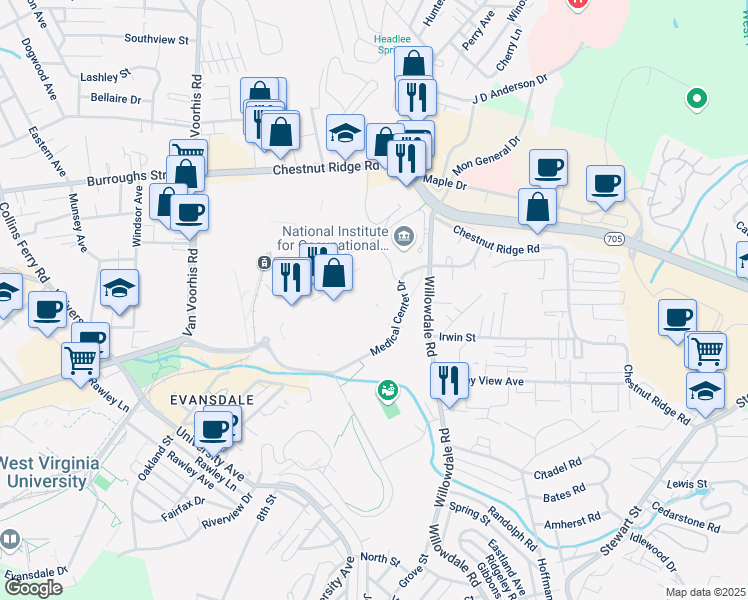 map of restaurants, bars, coffee shops, grocery stores, and more near in Morgantown