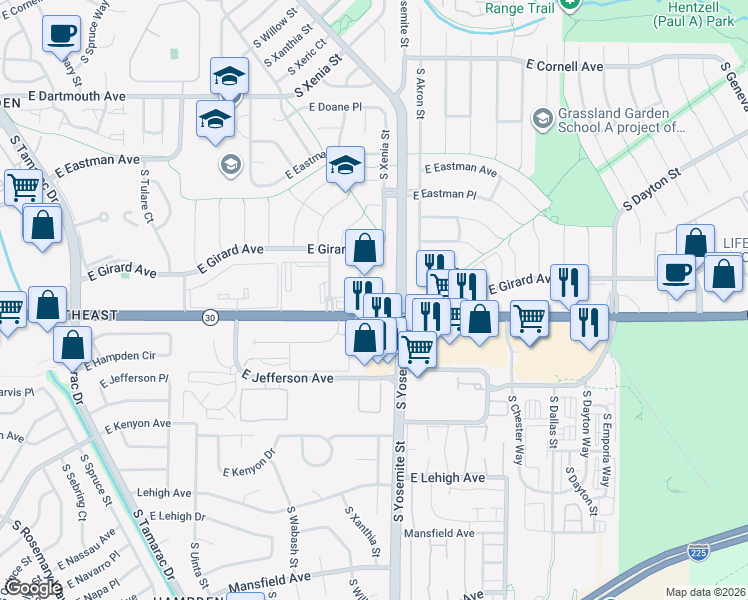 map of restaurants, bars, coffee shops, grocery stores, and more near 8811 East Hampden Avenue in Denver