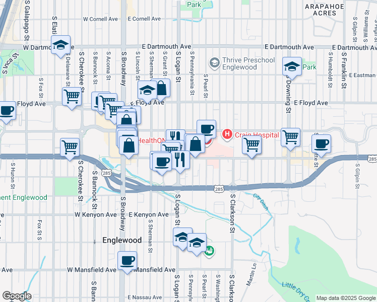map of restaurants, bars, coffee shops, grocery stores, and more near 499 East Hampden Avenue in Englewood