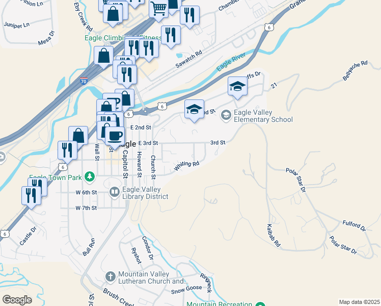 map of restaurants, bars, coffee shops, grocery stores, and more near 375 Young Street in Eagle