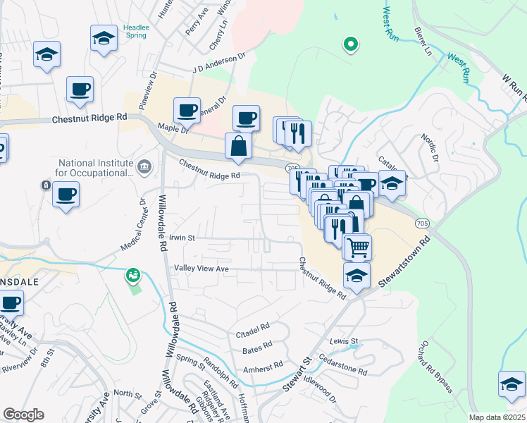 map of restaurants, bars, coffee shops, grocery stores, and more near 102 Meadow Ridge Townhomes in Morgantown