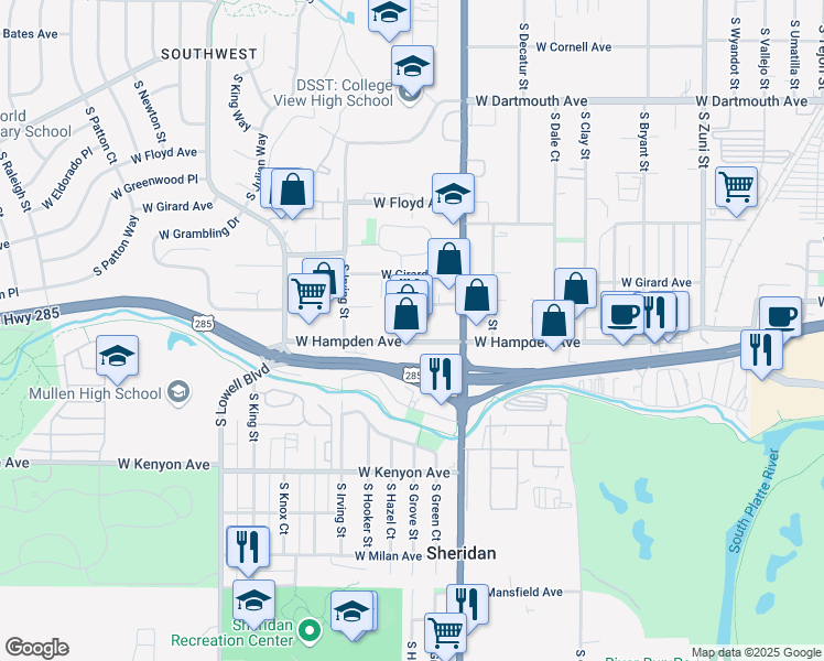 map of restaurants, bars, coffee shops, grocery stores, and more near 3121 West Hampden Avenue in Englewood