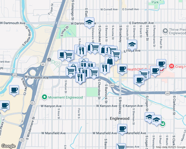 map of restaurants, bars, coffee shops, grocery stores, and more near 333 West Hampden Avenue in Englewood