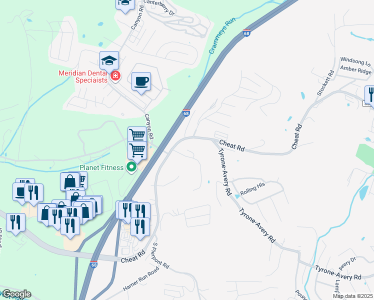 map of restaurants, bars, coffee shops, grocery stores, and more near 199 Legacy Drive in Morgantown