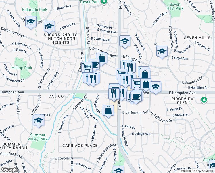 map of restaurants, bars, coffee shops, grocery stores, and more near 18461 E Hampden Ave in Aurora