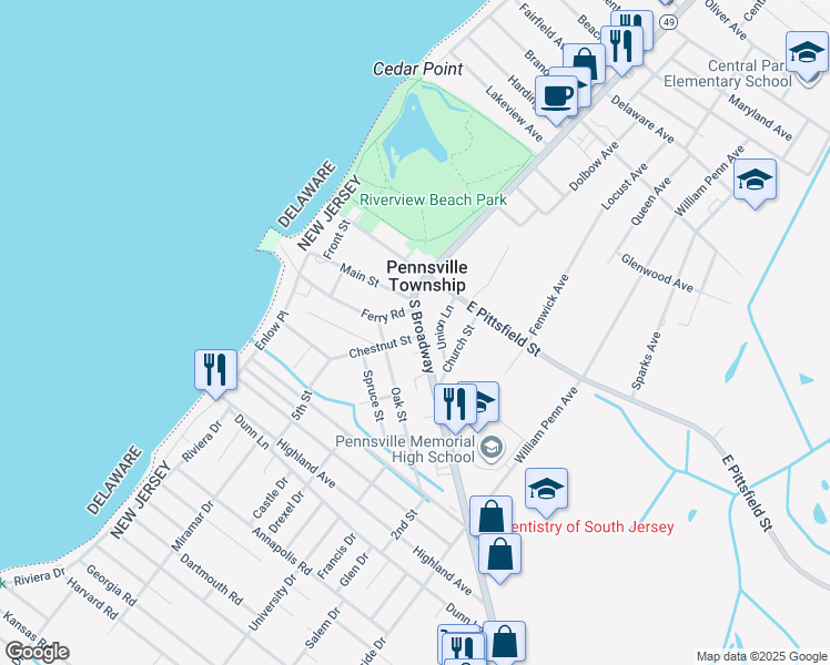 map of restaurants, bars, coffee shops, grocery stores, and more near 13 Union Lane in Pennsville