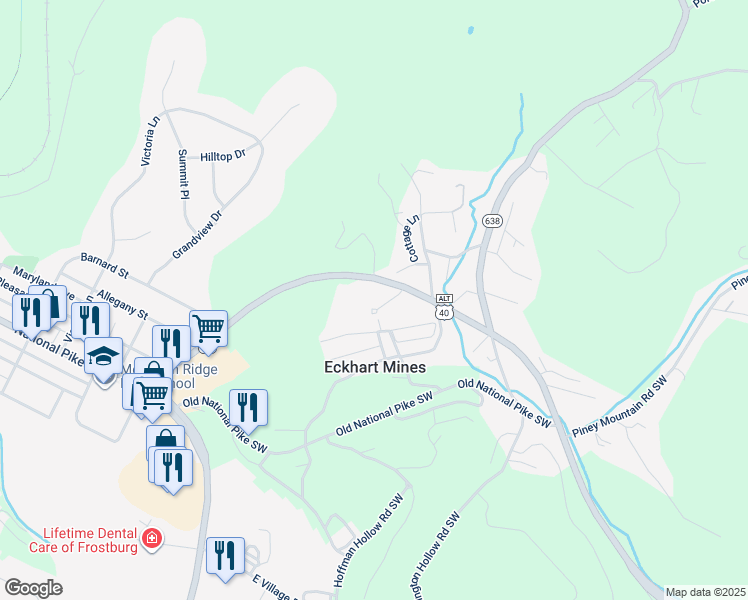 map of restaurants, bars, coffee shops, grocery stores, and more near 17000 National Highway Southwest in Frostburg