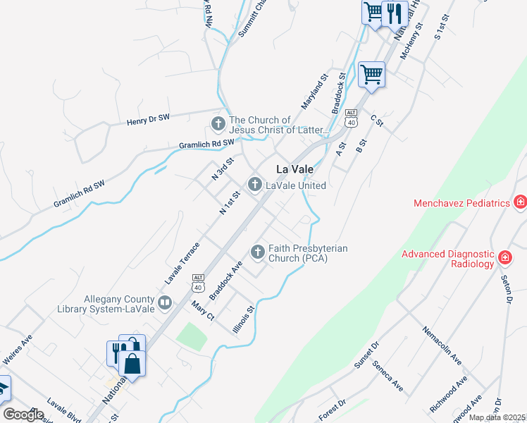 map of restaurants, bars, coffee shops, grocery stores, and more near 605 National Highway in La Vale