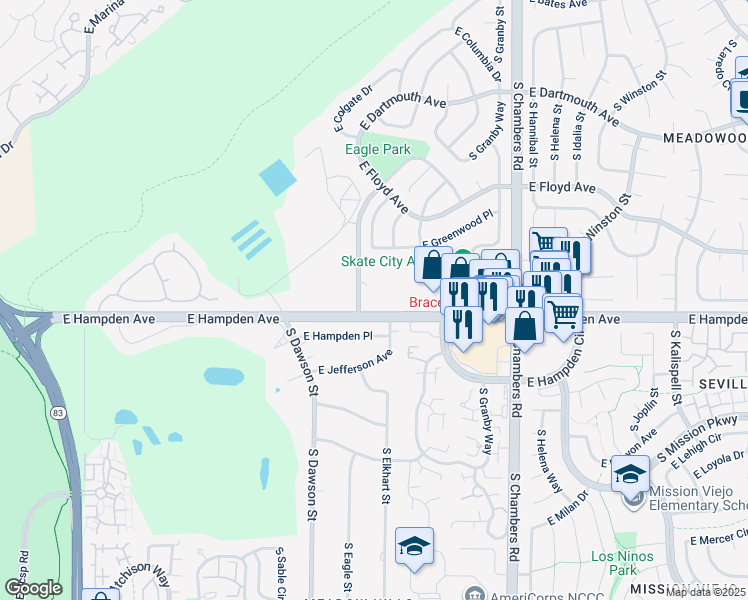 map of restaurants, bars, coffee shops, grocery stores, and more near 3492 South Eagle Street in Aurora