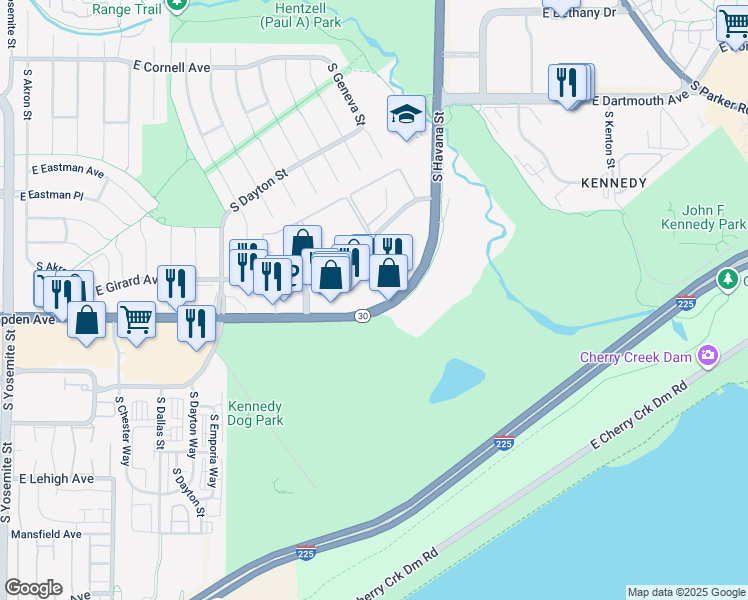 map of restaurants, bars, coffee shops, grocery stores, and more near 10101 East Hampden Avenue in Denver