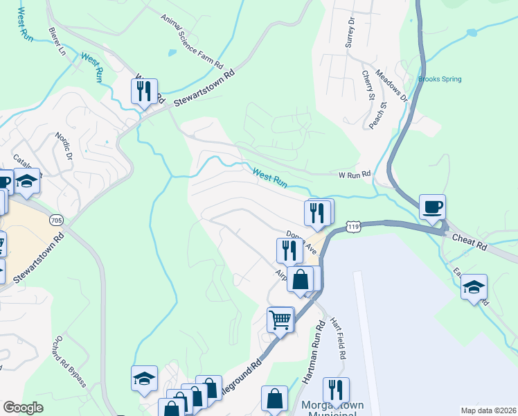 map of restaurants, bars, coffee shops, grocery stores, and more near 236 Donna Avenue in Morgantown