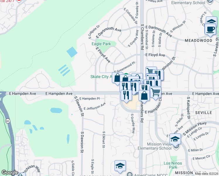 map of restaurants, bars, coffee shops, grocery stores, and more near 14901 East Hampden Avenue in Aurora