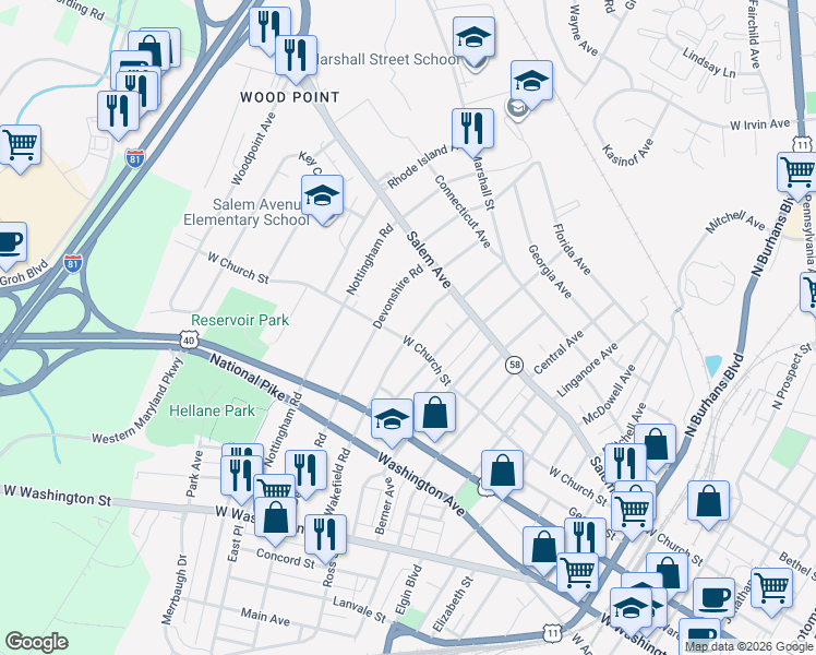 map of restaurants, bars, coffee shops, grocery stores, and more near 307 Wakefield Road in Hagerstown