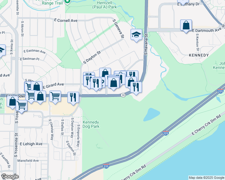 map of restaurants, bars, coffee shops, grocery stores, and more near 10013 East Hampden Avenue in Denver