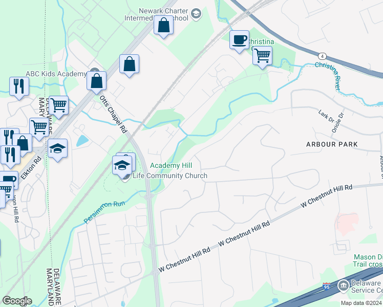 map of restaurants, bars, coffee shops, grocery stores, and more near 123 North Hunter Forge Road in Newark