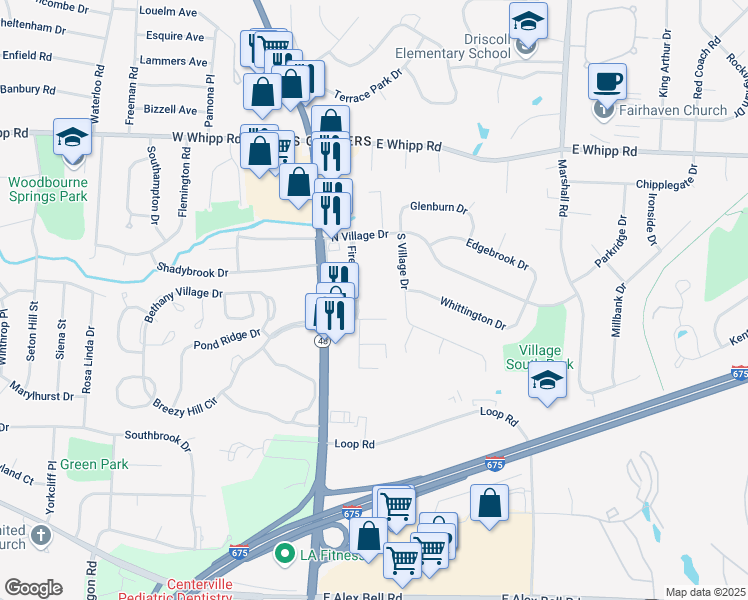 map of restaurants, bars, coffee shops, grocery stores, and more near 6300 Fireside Drive in Dayton