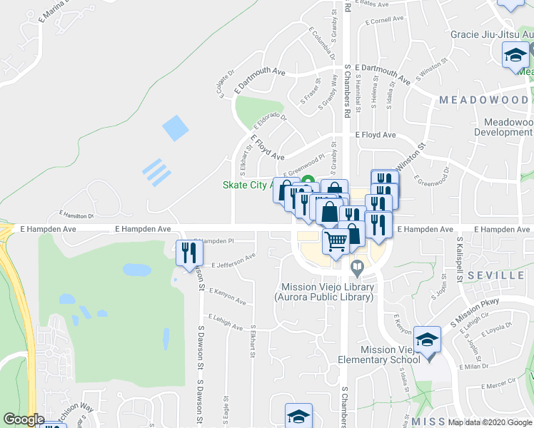 map of restaurants, bars, coffee shops, grocery stores, and more near 14901 East Hampden Avenue in Aurora