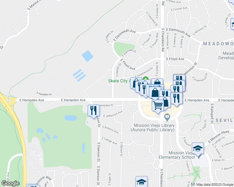 map of restaurants, bars, coffee shops, grocery stores, and more near 3464 South Eagle Street in Aurora