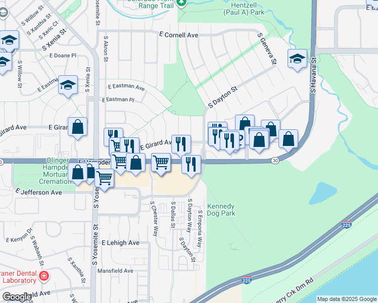 map of restaurants, bars, coffee shops, grocery stores, and more near 9600 East Girard Avenue in Denver