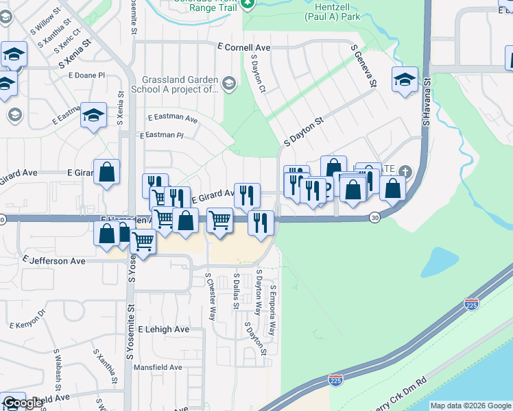 map of restaurants, bars, coffee shops, grocery stores, and more near 9600 East Girard Avenue in Denver