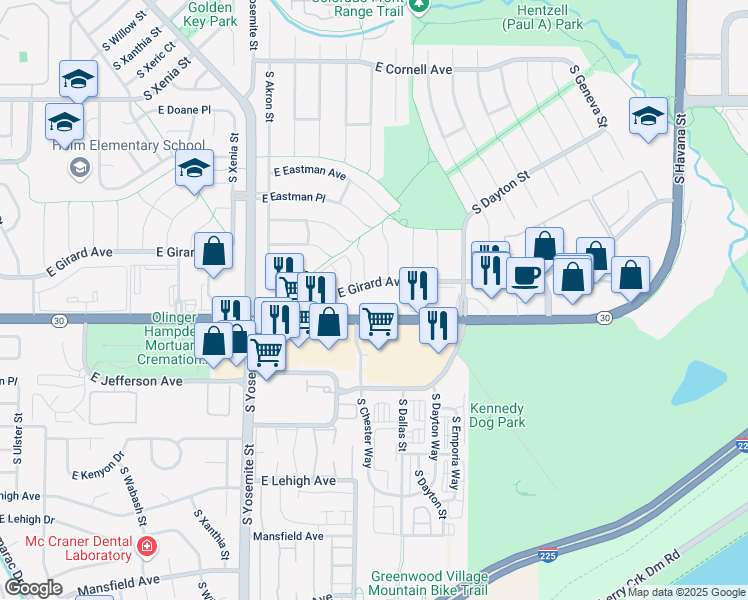 map of restaurants, bars, coffee shops, grocery stores, and more near 9200 East Girard Avenue in Denver