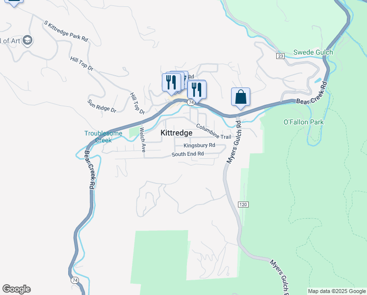 map of restaurants, bars, coffee shops, grocery stores, and more near 26209 Kingsbury Road in Kittredge