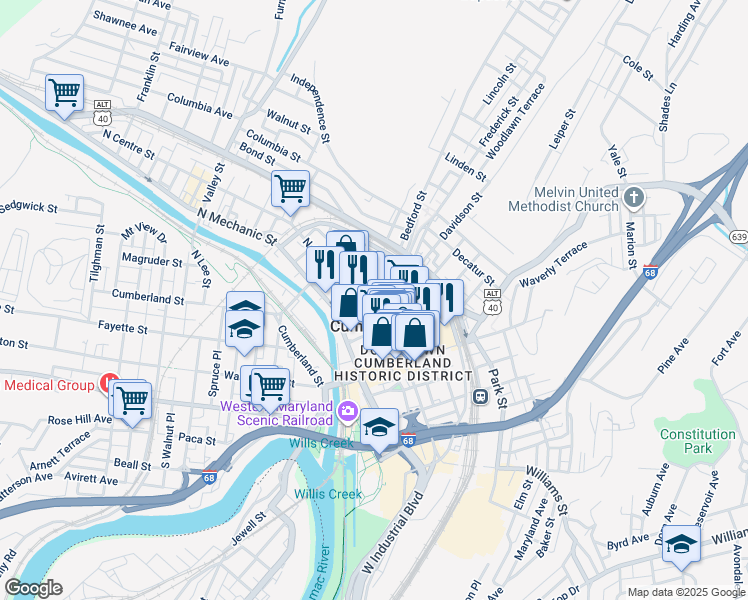 map of restaurants, bars, coffee shops, grocery stores, and more near 138 Bedford Street in Cumberland