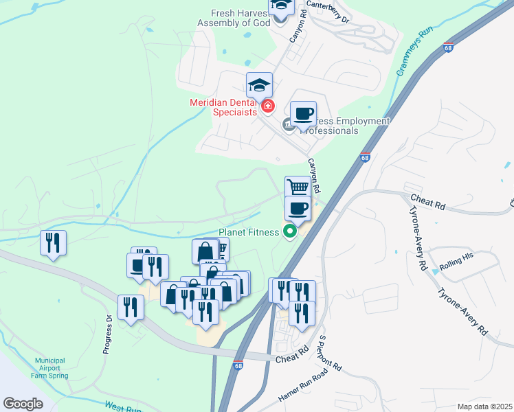 map of restaurants, bars, coffee shops, grocery stores, and more near 377-411 Old Cheat Road in Morgantown