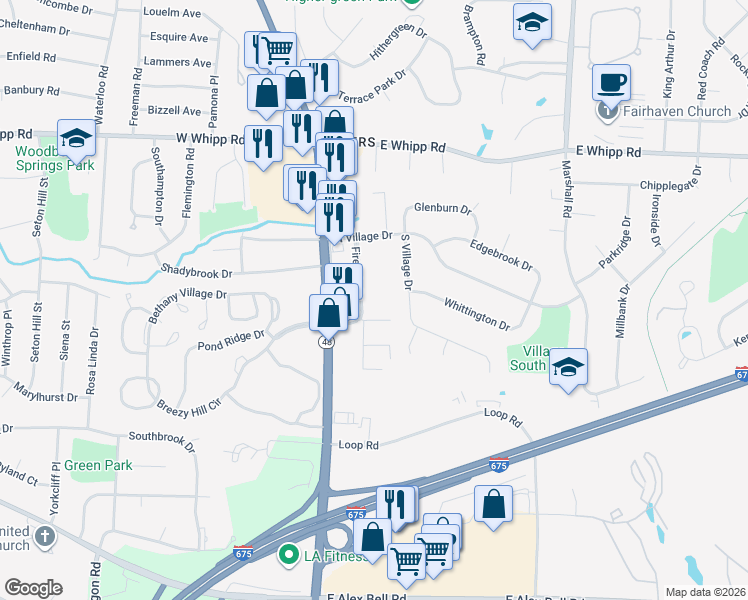 map of restaurants, bars, coffee shops, grocery stores, and more near 160 South Village Drive in Dayton