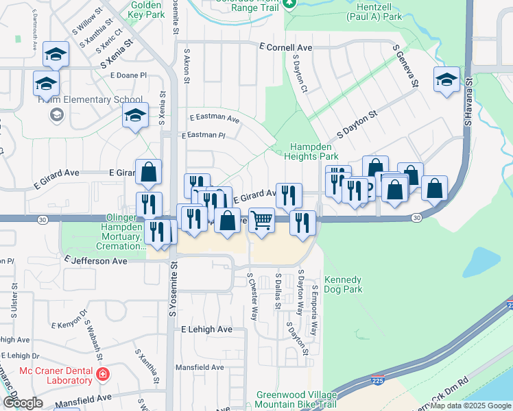 map of restaurants, bars, coffee shops, grocery stores, and more near 9200 East Girard Avenue in Denver