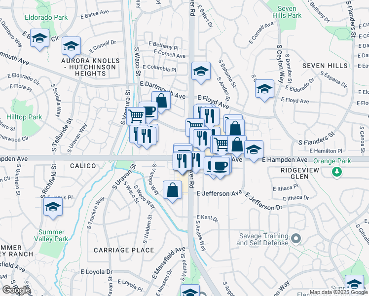map of restaurants, bars, coffee shops, grocery stores, and more near 18461 East Hampden Avenue in Aurora