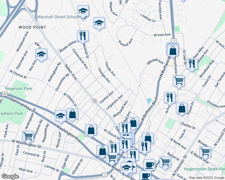 map of restaurants, bars, coffee shops, grocery stores, and more near 431 Central Avenue in Hagerstown