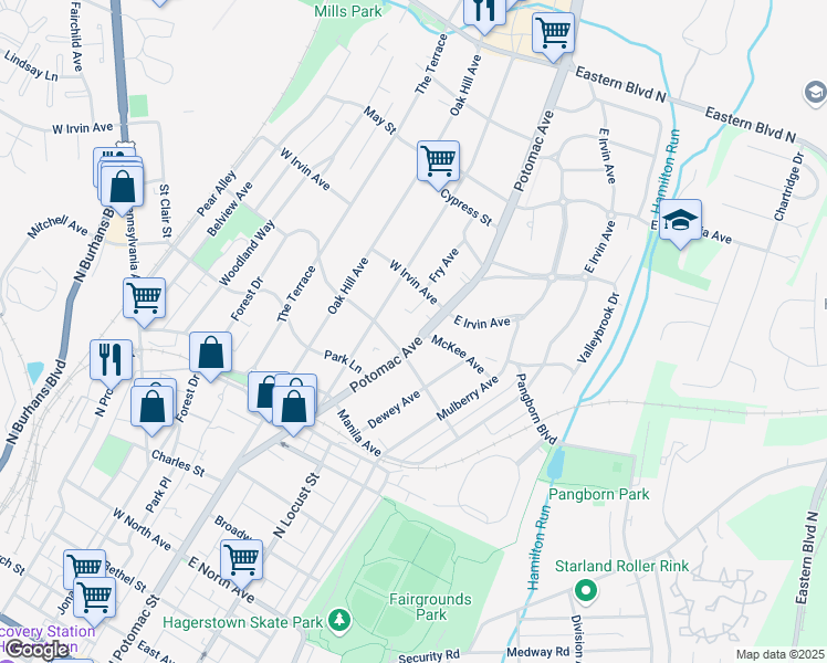 map of restaurants, bars, coffee shops, grocery stores, and more near 1019 Potomac Avenue in Hagerstown
