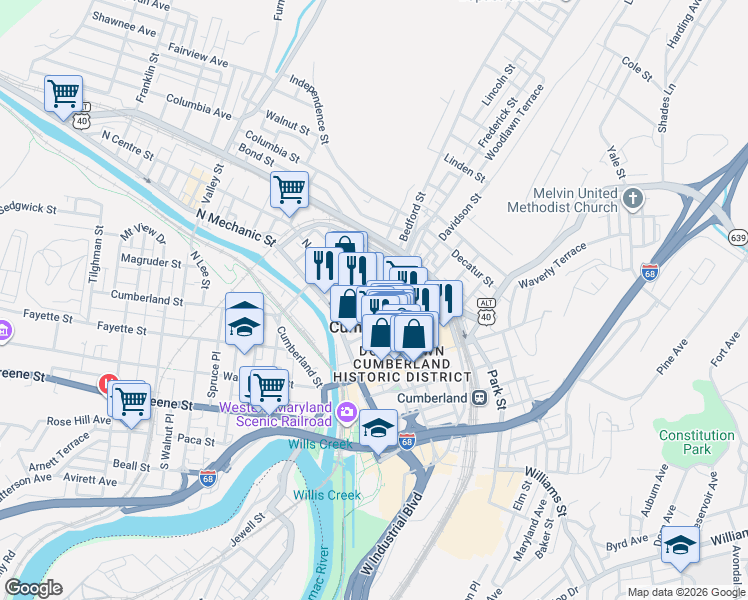 map of restaurants, bars, coffee shops, grocery stores, and more near 132 Bedford Street in Cumberland