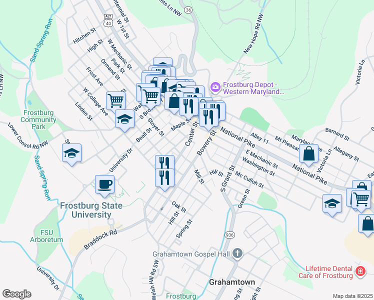 map of restaurants, bars, coffee shops, grocery stores, and more near 114 Center Street in Frostburg