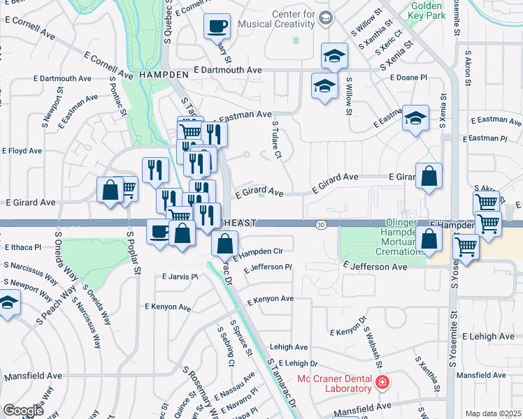 map of restaurants, bars, coffee shops, grocery stores, and more near 8030 East Girard Avenue in Denver