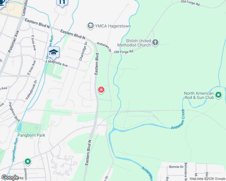 map of restaurants, bars, coffee shops, grocery stores, and more near 610 Antietam Drive in Hagerstown