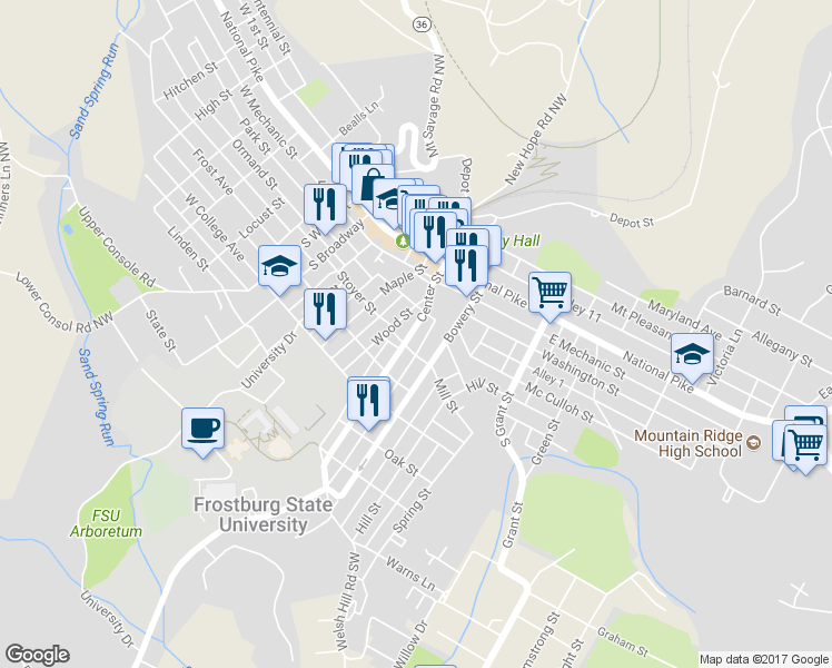 map of restaurants, bars, coffee shops, grocery stores, and more near 114 Center Street in Frostburg