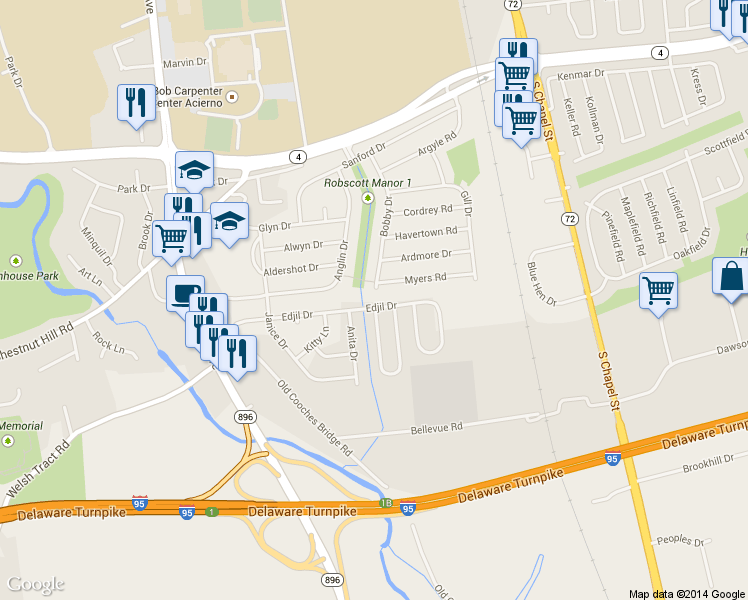 map of restaurants, bars, coffee shops, grocery stores, and more near 302 Edjil Drive in Newark