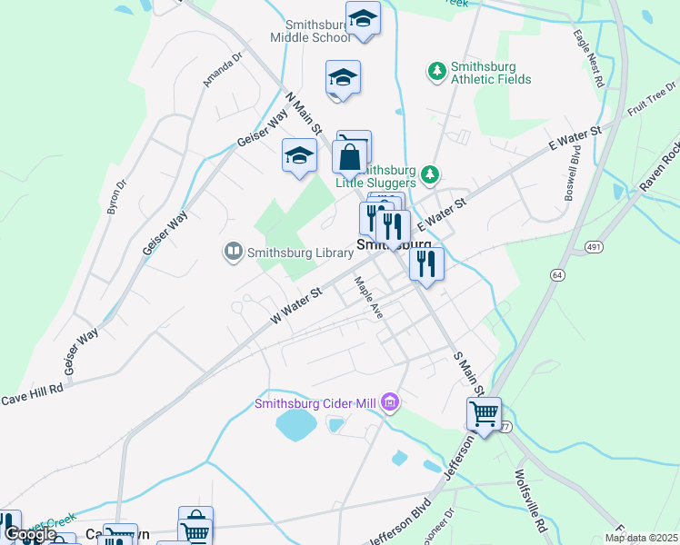 map of restaurants, bars, coffee shops, grocery stores, and more near 36 West Water Street in Smithsburg