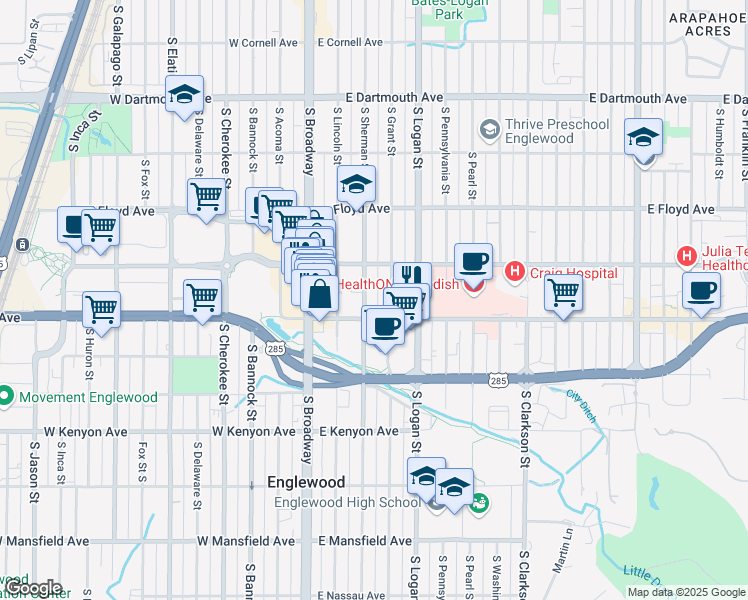 map of restaurants, bars, coffee shops, grocery stores, and more near 3460 South Sherman Street in Englewood