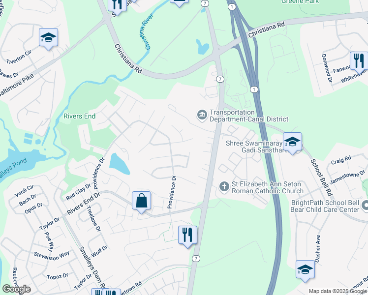 map of restaurants, bars, coffee shops, grocery stores, and more near 222 Bynum Place in Bear
