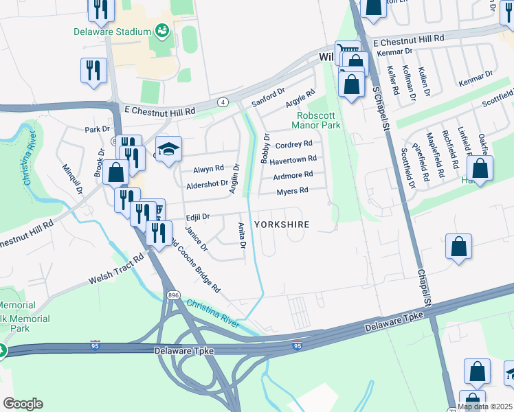 map of restaurants, bars, coffee shops, grocery stores, and more near 302 Edjil Drive in Newark