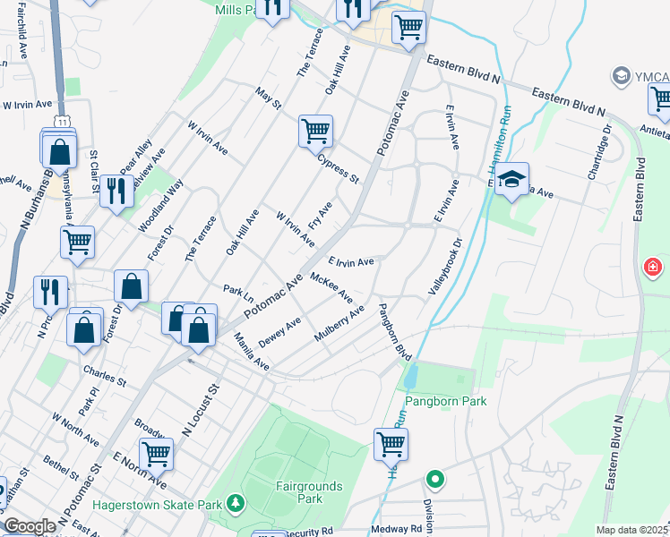 map of restaurants, bars, coffee shops, grocery stores, and more near 17 East Irvin Avenue in Hagerstown