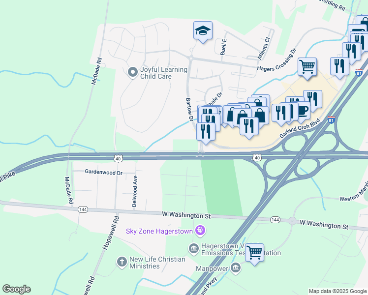 map of restaurants, bars, coffee shops, grocery stores, and more near 17538 Swann Road in Hagerstown